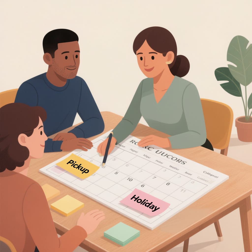 Co-Parenting With Your Divorce Lawyer Parents and a Divorce Lawyer crafting a balanced co-parenting schedule