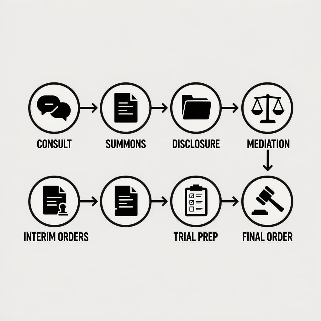 Process diagram - Durban divorce lawyer Process diagram showing the steps a Durban divorce lawyer follows from consult to final order