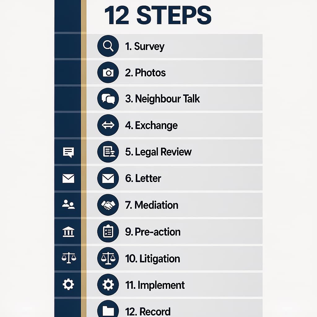 Steps to Resolve Boundary Disputes Infographic of steps to resolve Property Disputes including survey, mediation, and court options