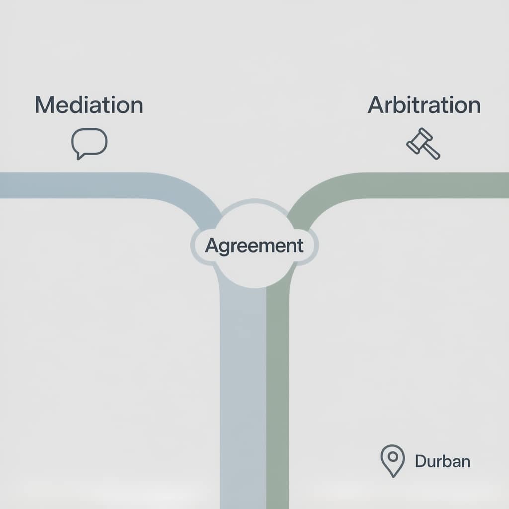Mediation and Arbitration Options Illustration of mediation and arbitration pathways to resolve disputes in Durban