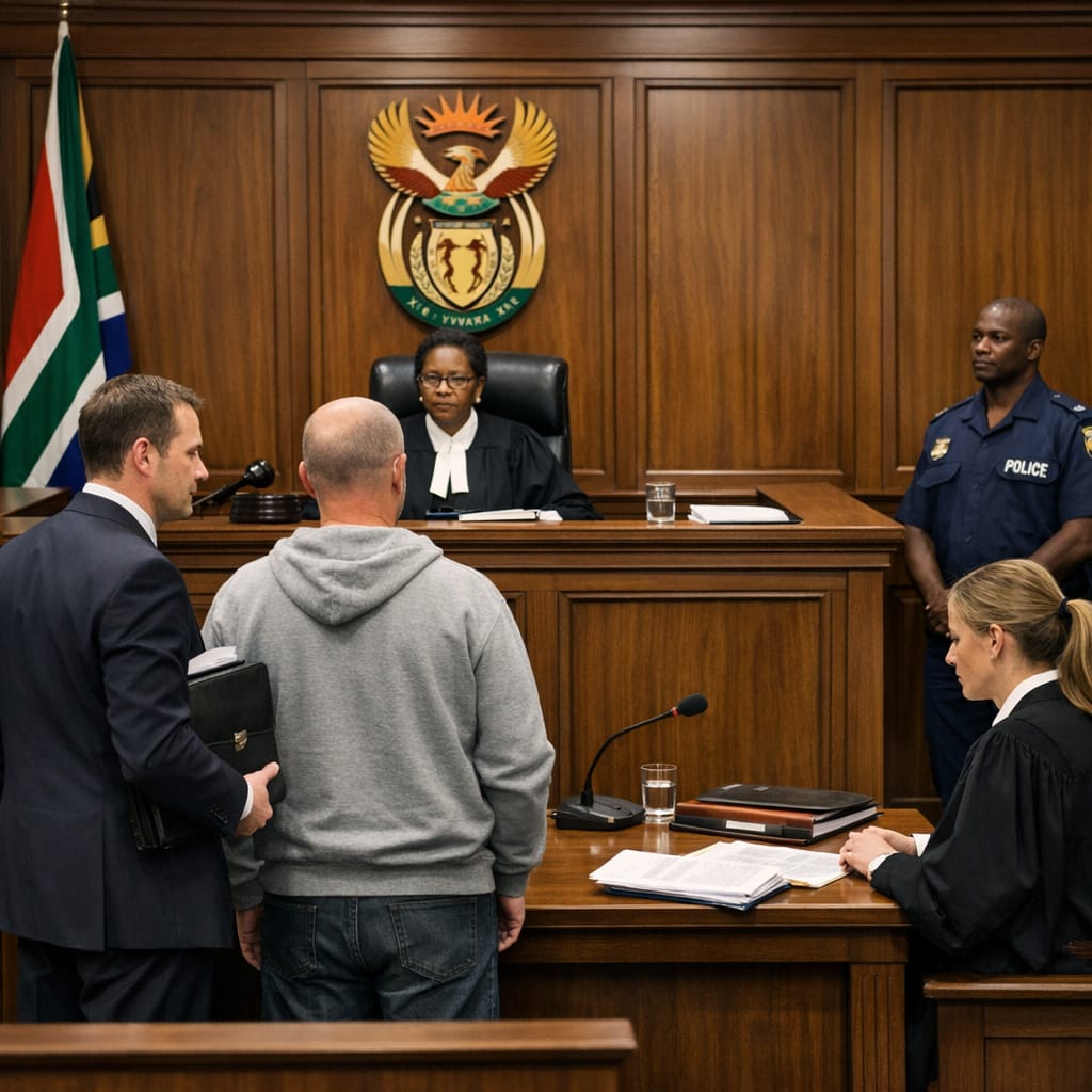 Bail application hearing in South African courtroom with magistrate and legal representatives