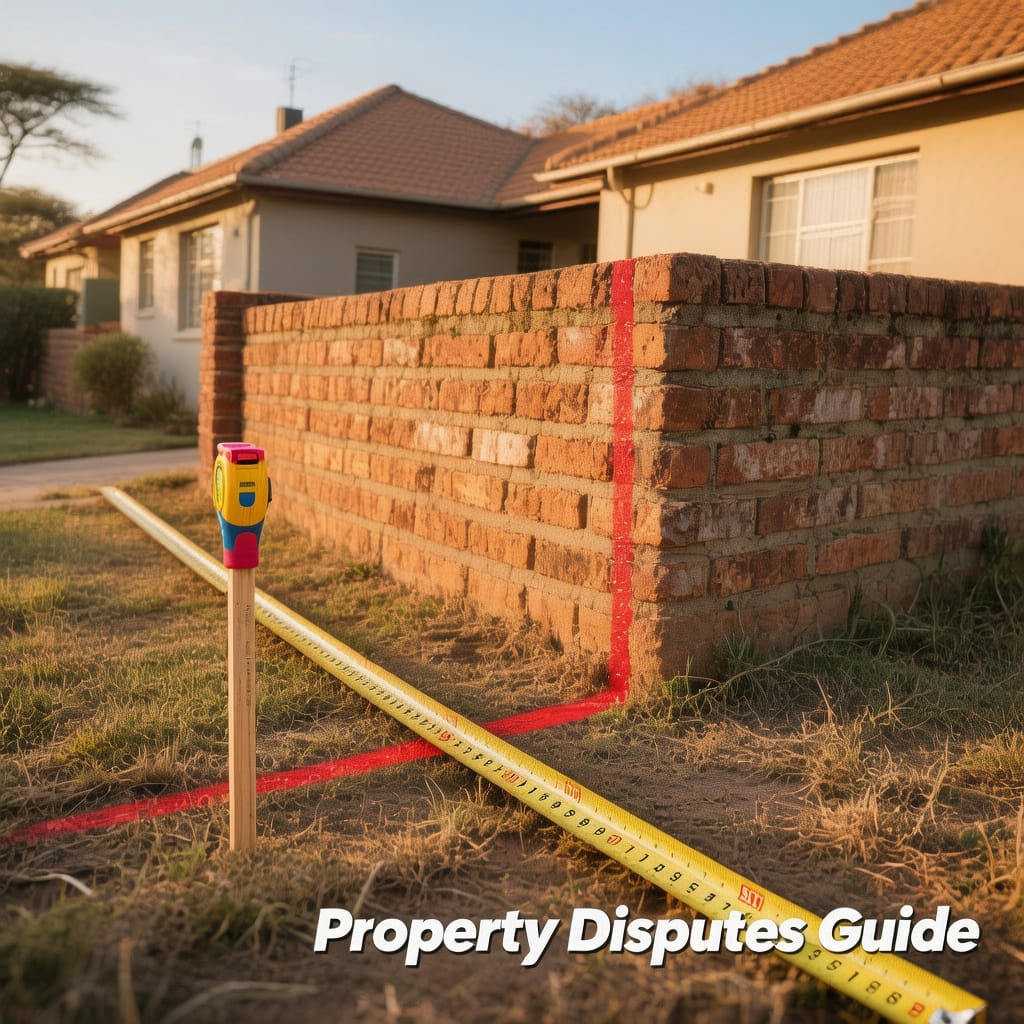 Property Disputes feature image showing a suburban boundary wall and survey pegs in South Africa