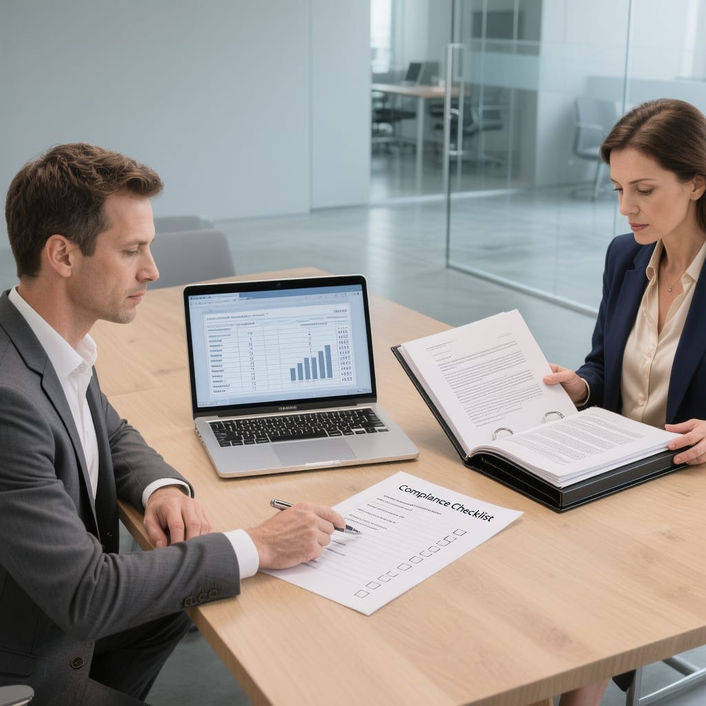 Business Legal Compliance Team reviewing contracts and compliance checklists