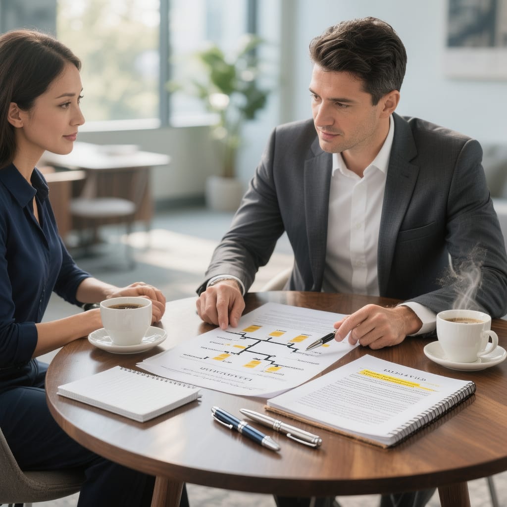 Durban lawyer meeting a client in a modern office with case files on the table