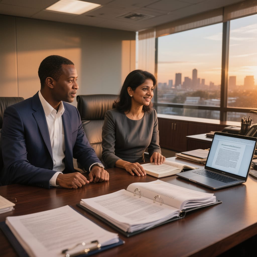 Durban lawyer meeting a client in a modern office with case files on the table