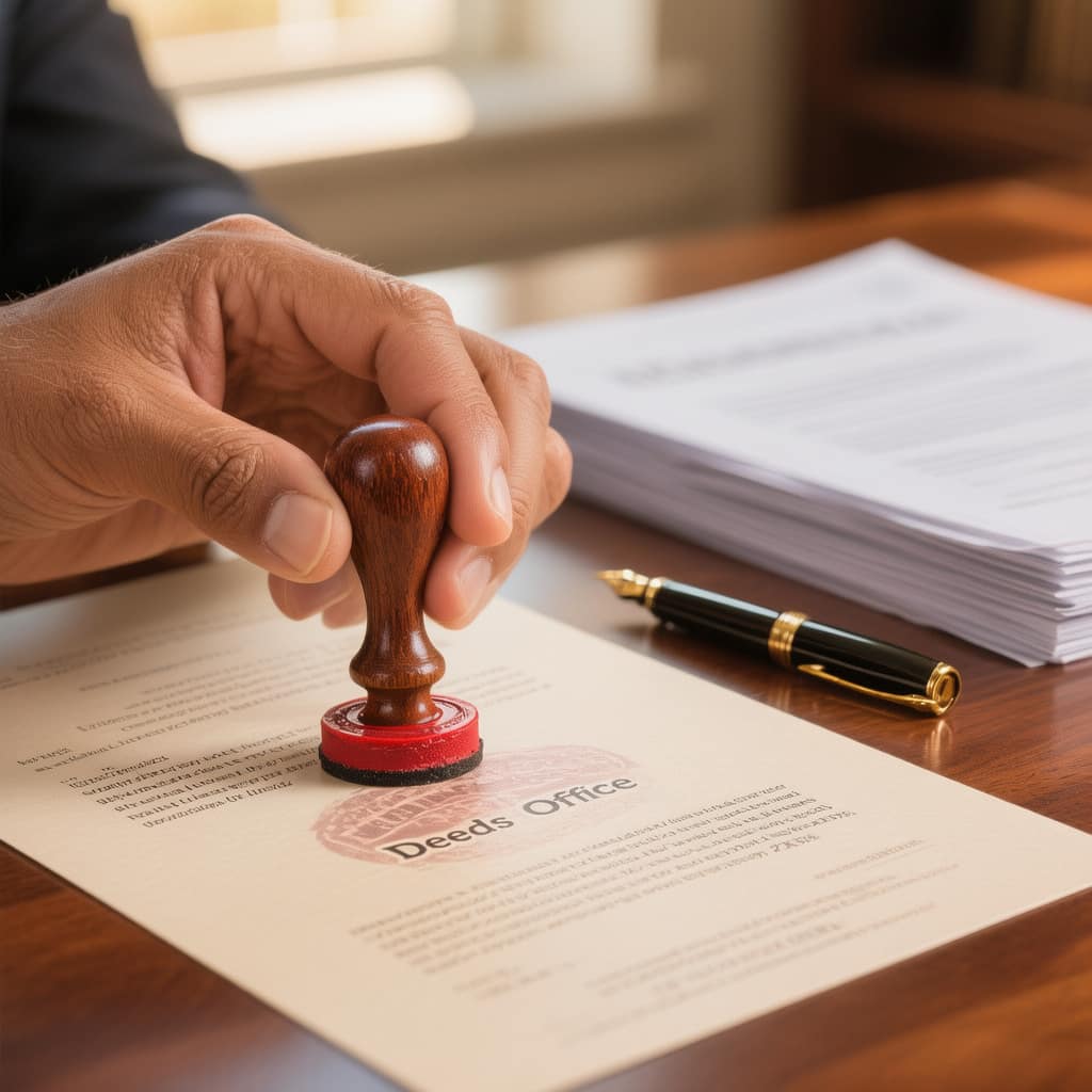 A conveyancer stamping a title deed during the property transfer process South Africa