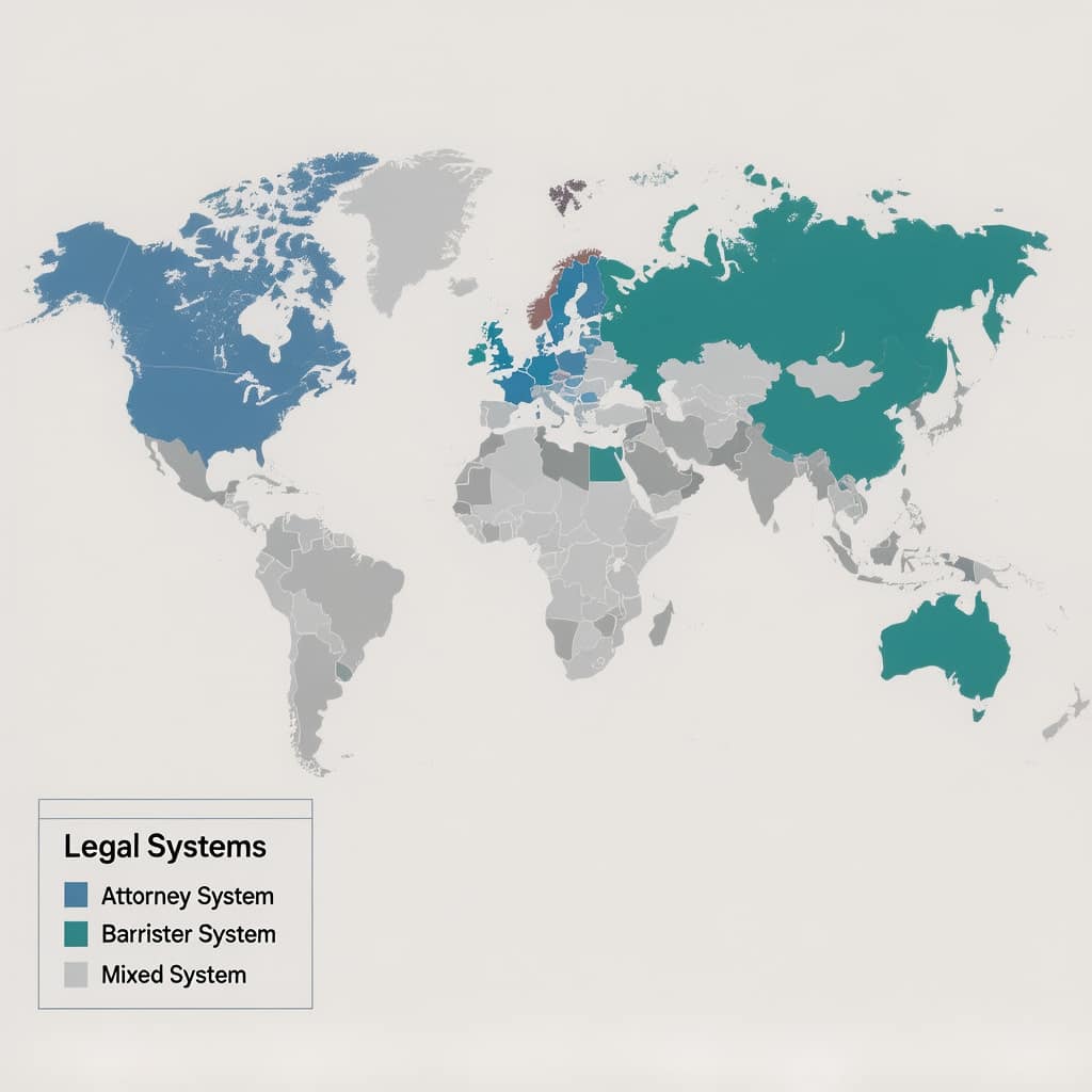 Jurisdictions Map - Attorney vs Lawyer Map showing how the difference between attorney and lawyer varies by country