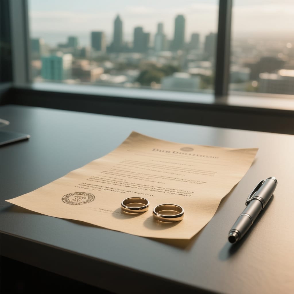 Durban divorce lawyer guide with rings, documents, and Durban skyline in soft focus
