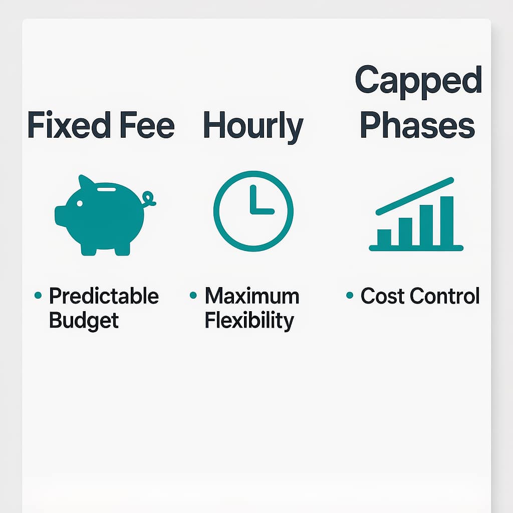 Fee Structures Explained Diagram explaining fixed, hourly, and contingency fee models for legal services
