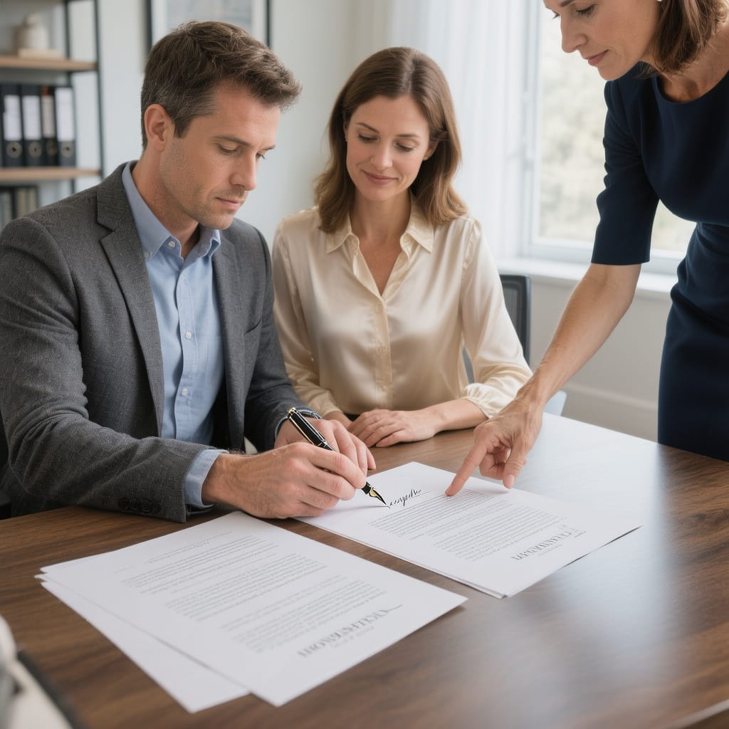 Signing Transfer Documents Clients signing property transfer documents with a conveyancer