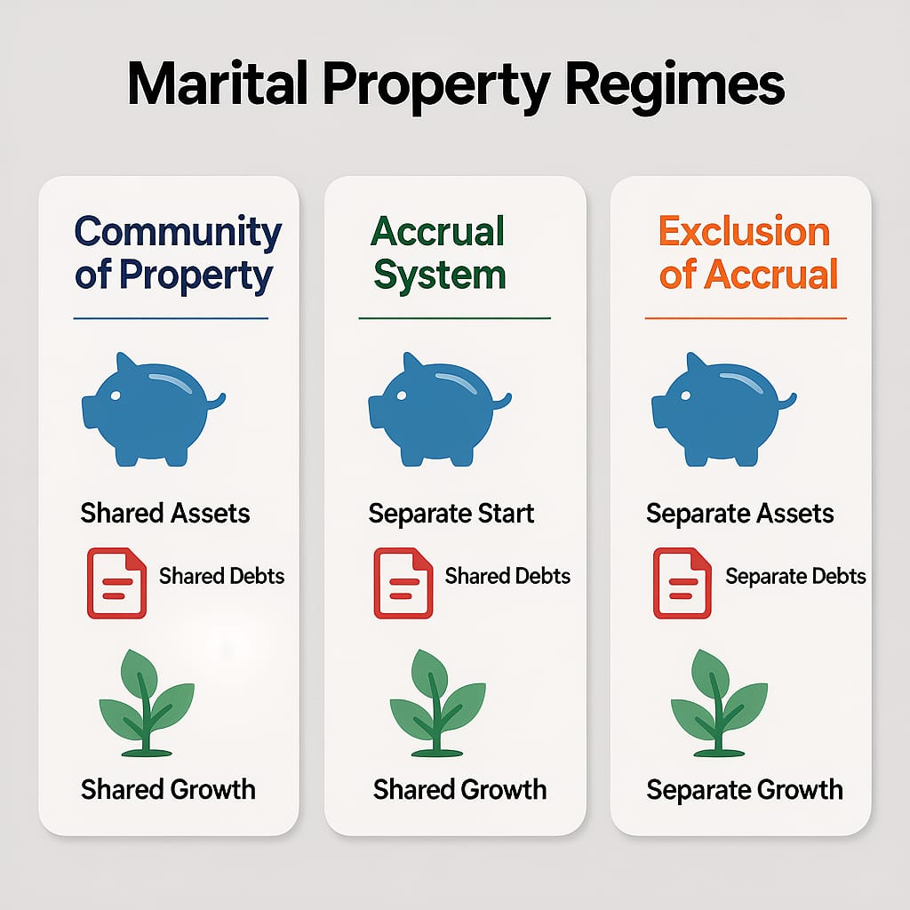 South African Property Regimes Diagram showing South African marital property regimes and outcomes