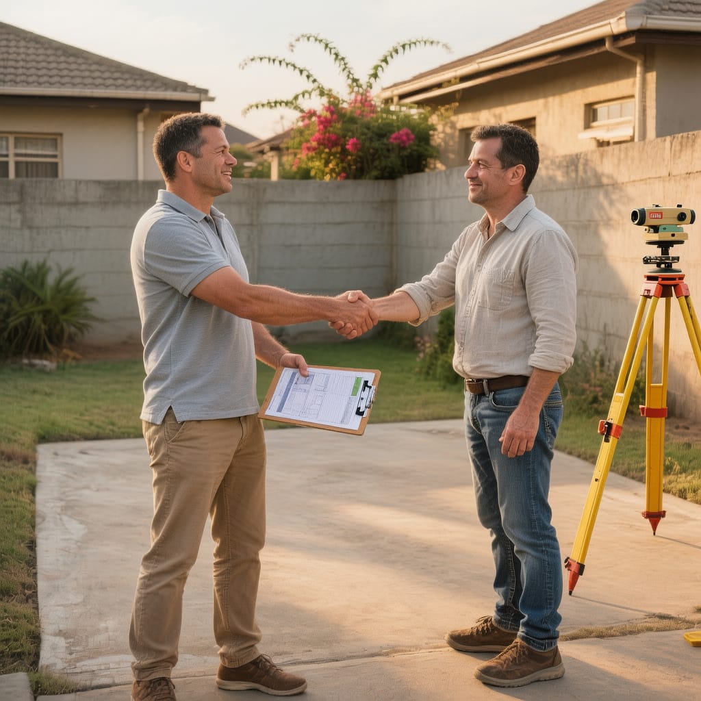 Neighbour Mediation on Boundary Issues Neighbours discussing Property Disputes and shaking hands after a mediated boundary agreement