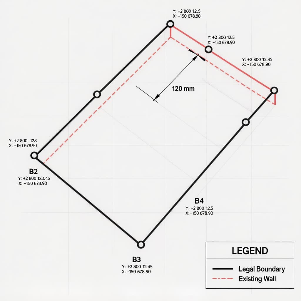 Boundary Beacons and Cadastral Lines Boundary beacons diagram for Property Disputes showing cadastral lines and measured offsets