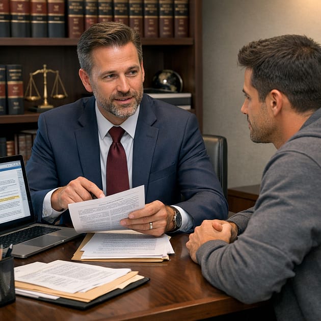 Bail Hearing Preparation Attorney preparing client for bail application hearing with documents and case files