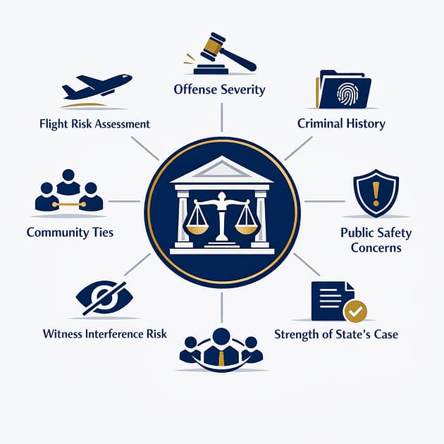 Bail Decision Factors Infographic showing key factors courts consider in bail application decisions