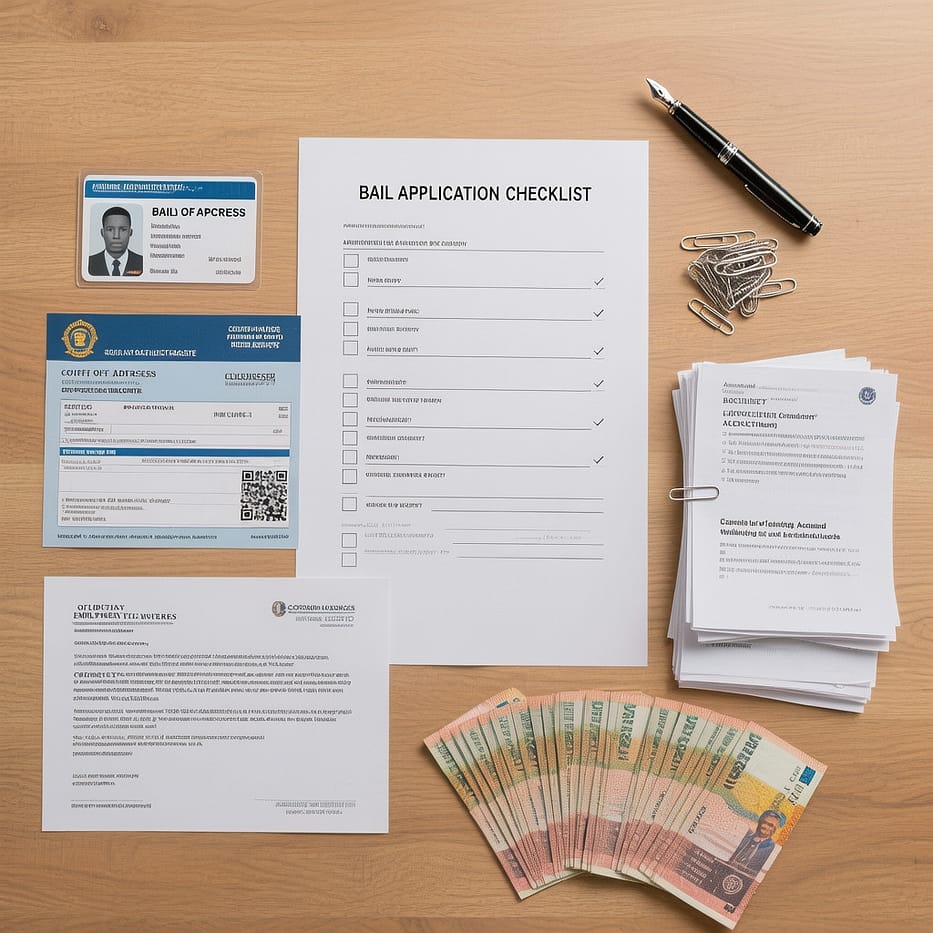 Bail Application Checklist Bail application checklist with documents laid out on a table
