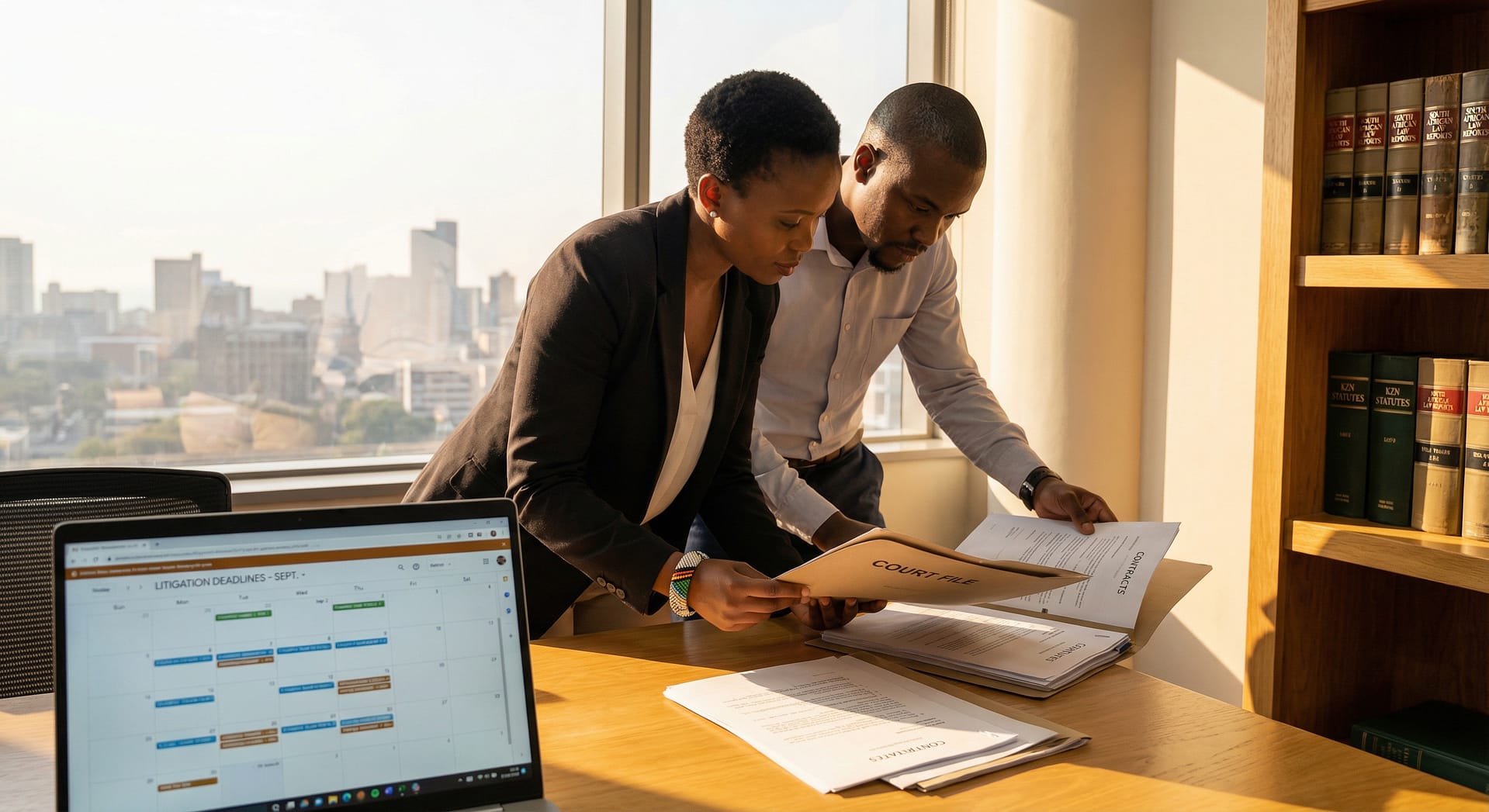 People reviewing documents and a court file for a legal dispute South Africa in Durban